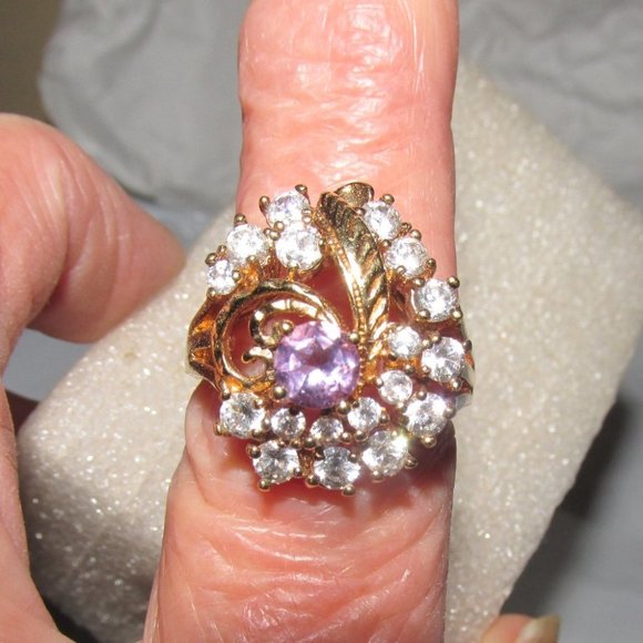 Vintage 14K HGE Amethyst & White CZ Bling Cocktail Ring Size 9 - Picture 1 of 5